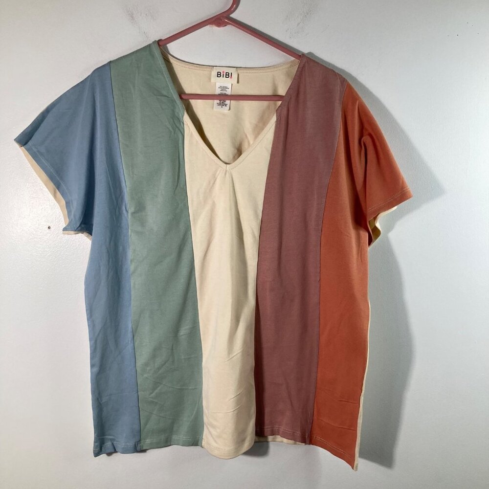 Womens Bibi Cotton Spandex Knit Colorblock V Neck Top‎ S
